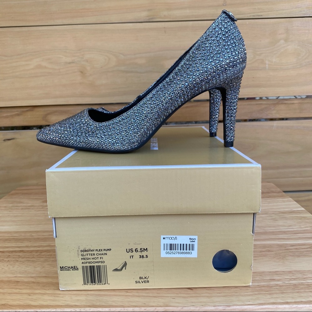 MK Dorothy Flex Pump Glitter Chain Mesh Silver Heels 6.5